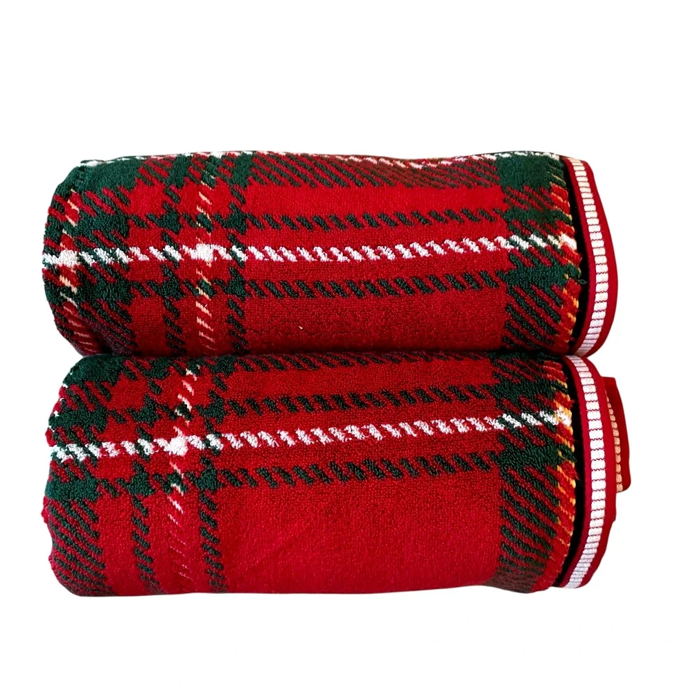 4pc Caro Home Holiday RED TARTAN Cotton 2 Bath 2 Hand Towel Set Christmas NEW